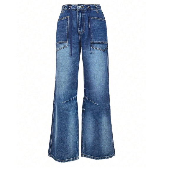 Medium Wash Pockets Drawstring Waist Straight Leg Denim Jean Pants - Picture 5 of 6